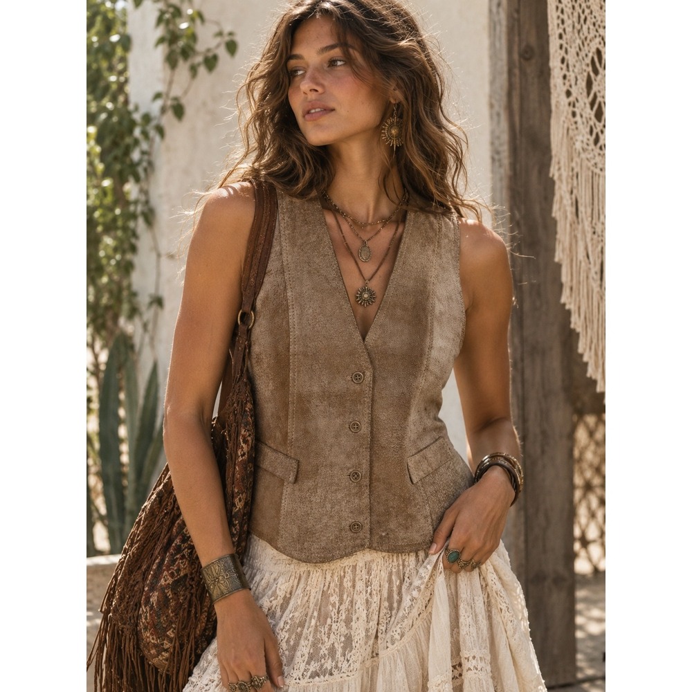 Vintage Boho Large Leather‎ Vest Suede Front Satin Back Cinch Tan Camel Festival